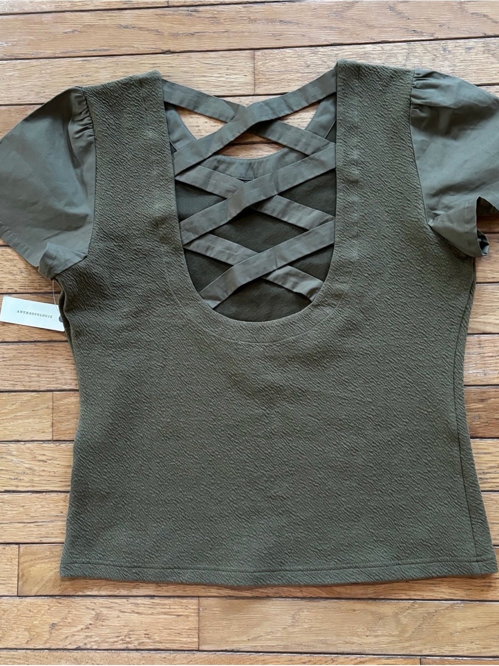 NWT Anthropologie Olive Green Textured Crisscross Back Top | Size XXS - Picture 2 of 5
